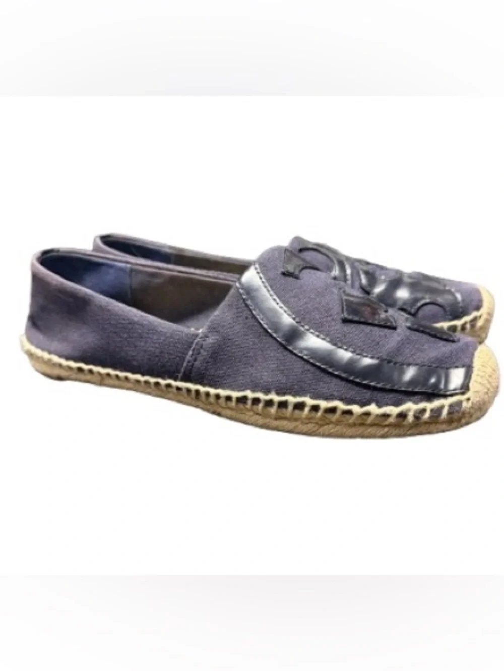 Tory Burch Navy Canvas Patent Logo Espadrille Flats Shoes Size 8.5